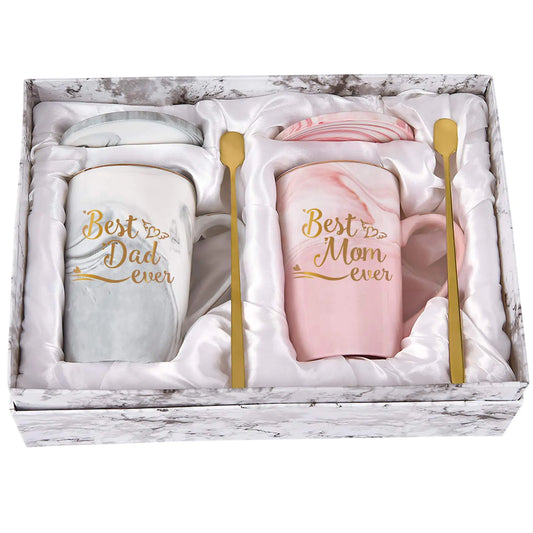 ☕ Best Mom & Dad Ever – Marbled Mug Set with Gold Spoon & Coaster (2-Pack)